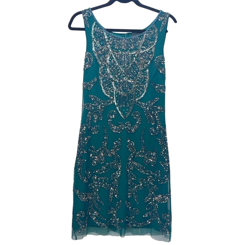 Adrianna Papell Sheath Dress Emerald Green Beaded Sequin Art Deco Women 4 - Picture 5 of 16